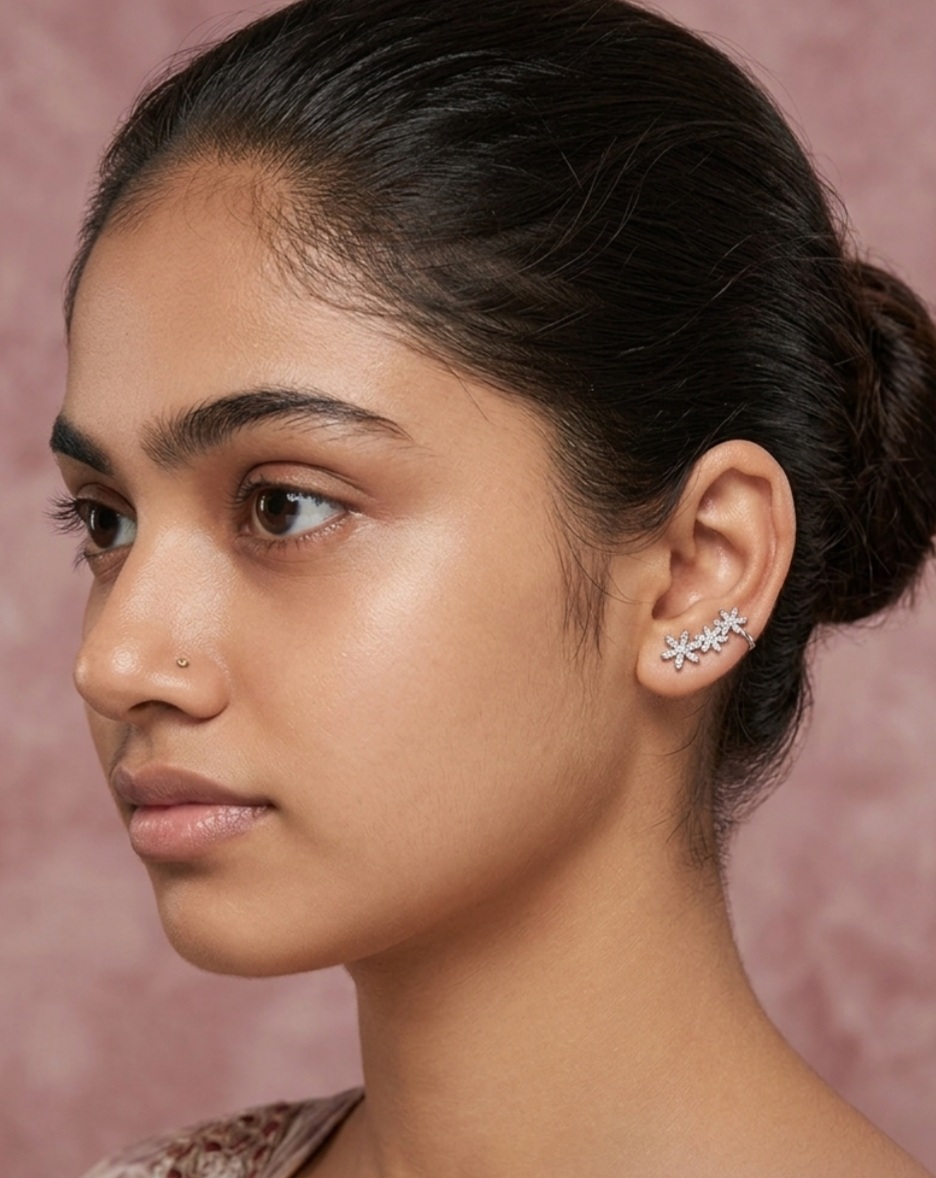 Sparkling Silver Floral Trio Ear Climbers - Image 2