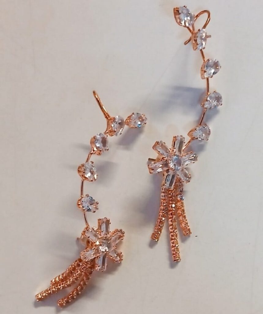 Crystal Floral Ear Cuff with Hanging Tassels (Rose Gold)