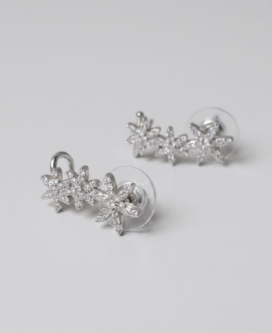 Sparkling Silver Floral Trio Ear Climbers